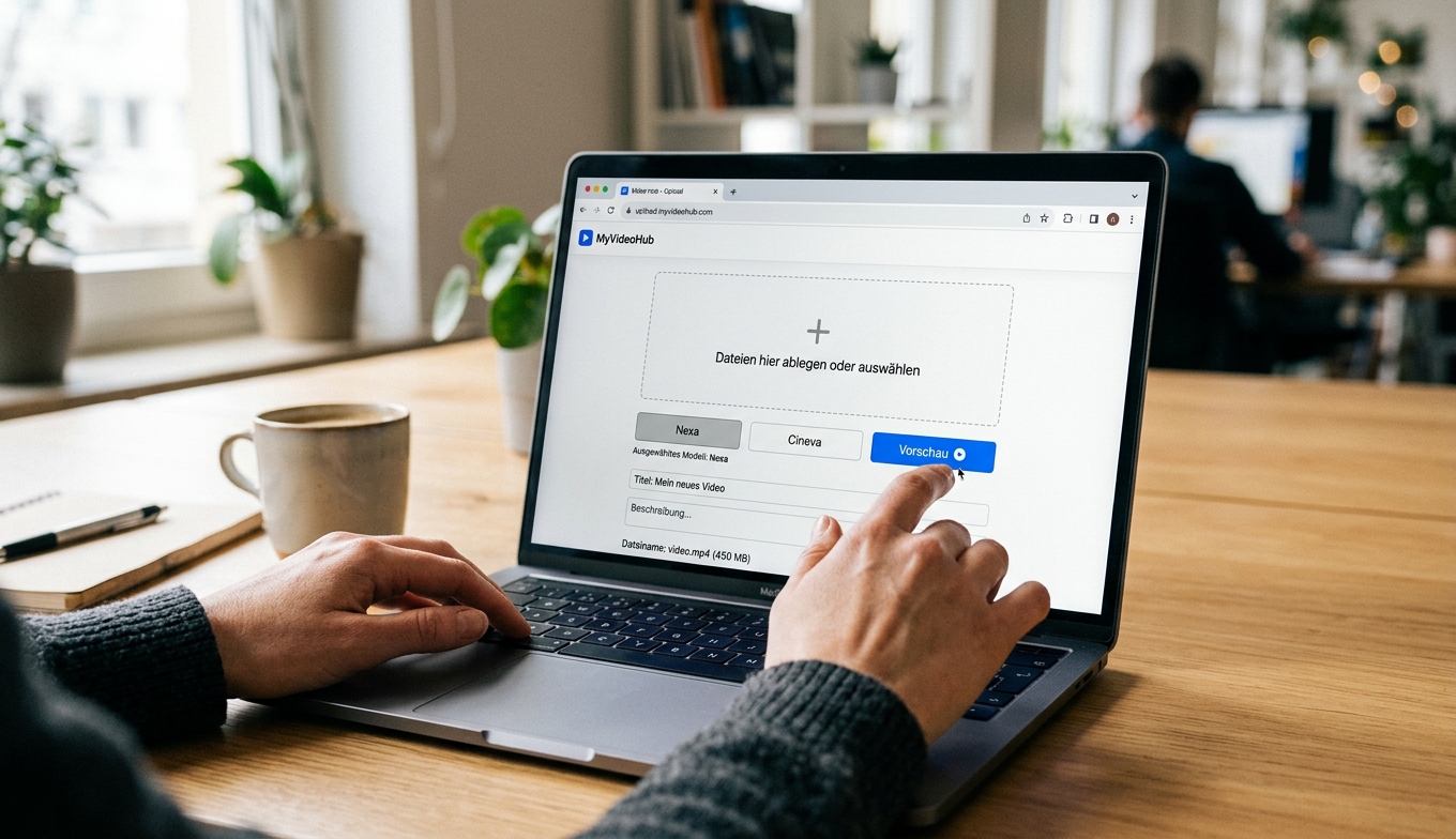 Browser-Upload-Oberfläche mit Drag-Drop-Zone und Modell-Auswahl Nexa und Cineva — der Start-Workflow für das Hochskalieren von Videos online. Bildquelle: aus realem Test.
