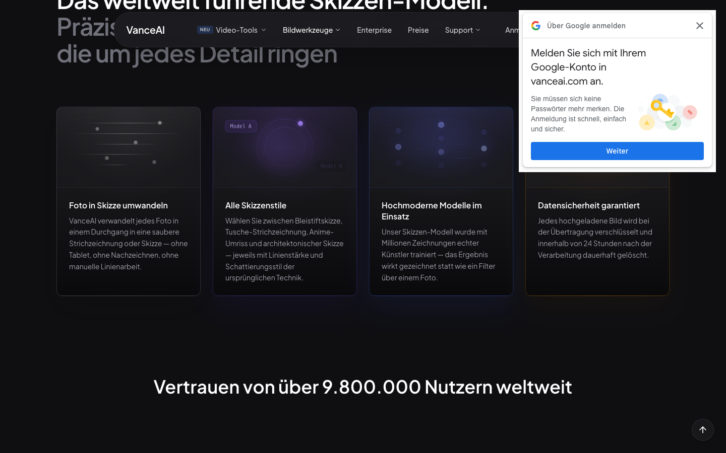 VanceAI Photo to Sketch Features-Bereich mit Stil-Modellen — Live-Screenshot 2026-06-17