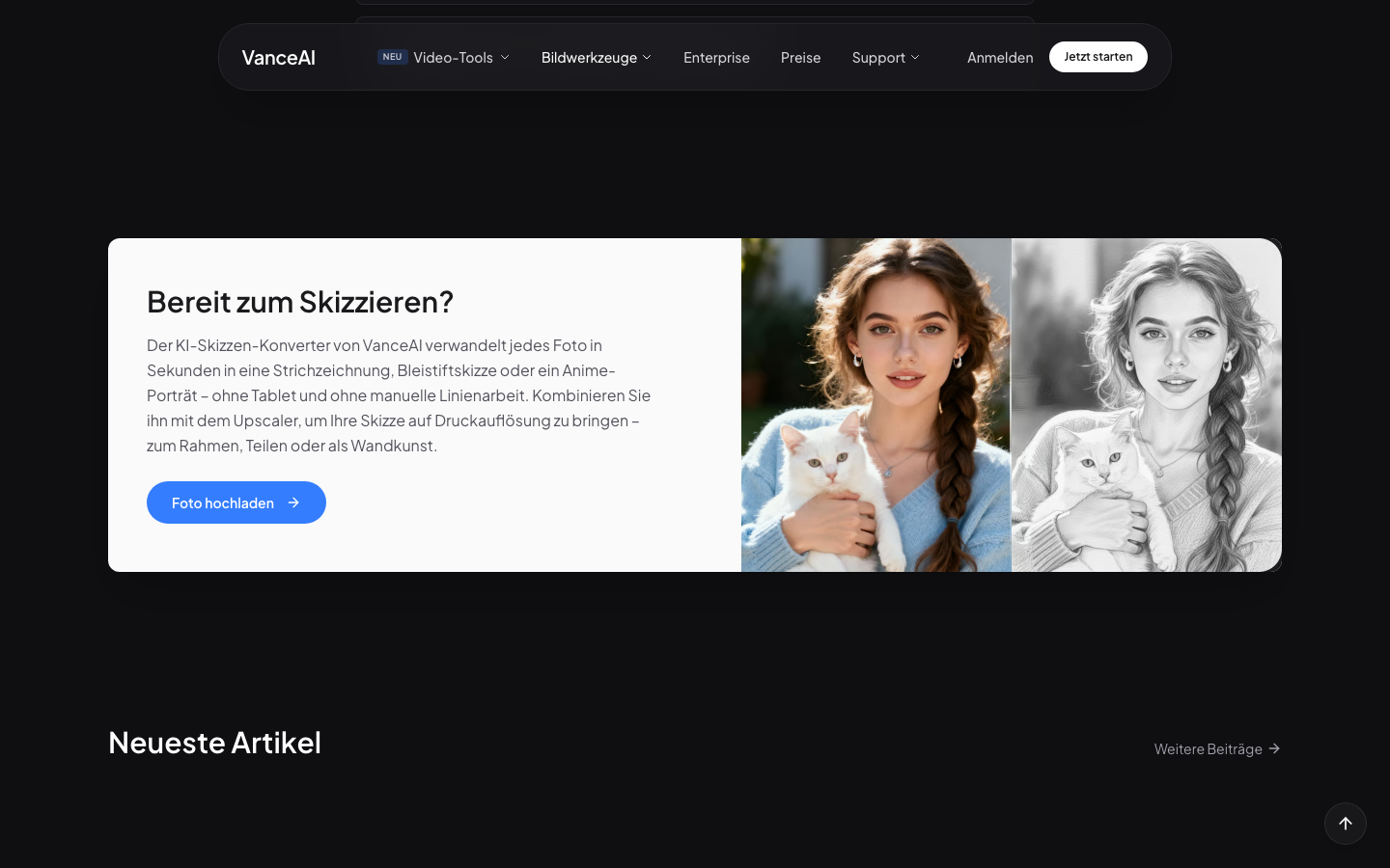 VanceAI Photo to Sketch Footer mit CTA-Bereich — Browser-Screenshot 2026-06-17