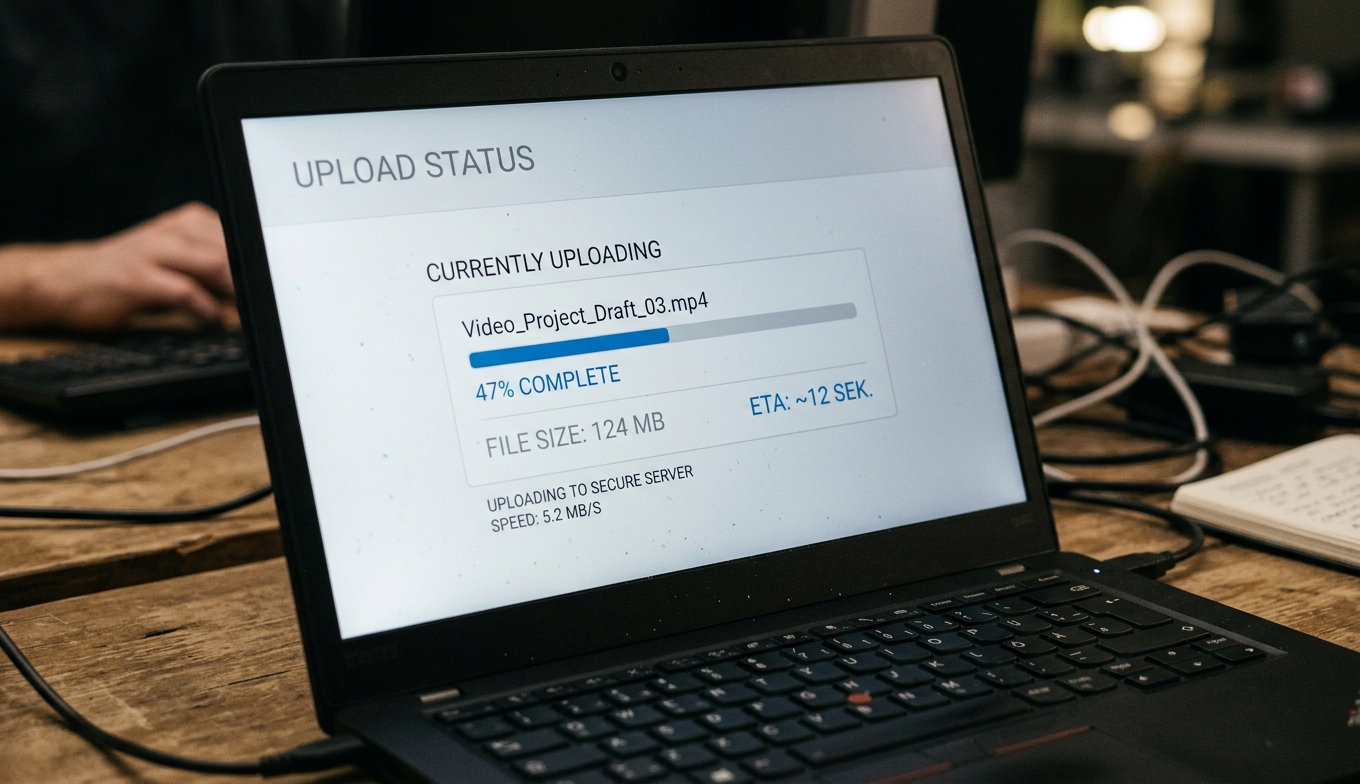 Upload-Fortschritt: 47 % bei 124 MB Dateigröße, ETA etwa zwölf Sekunden — typischer erster Schritt für das Hochskalieren eines Videos online. Bildquelle: aus realem Test.