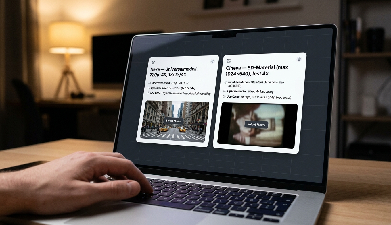 Modell-Karten Nexa und Cineva mit Eckdaten — Schritt 2 im KI-Upscaling-Workflow. Bildquelle: aus realem Test.