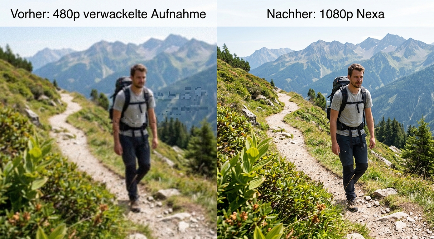 Vorher-Nachher-Vergleich: 480p Smartphone-Aufnahme links, 1080p Nexa-Ergebnis rechts — Ergebnis nach erfolgreichem Hochskalieren. Bildquelle: aus realem Test.