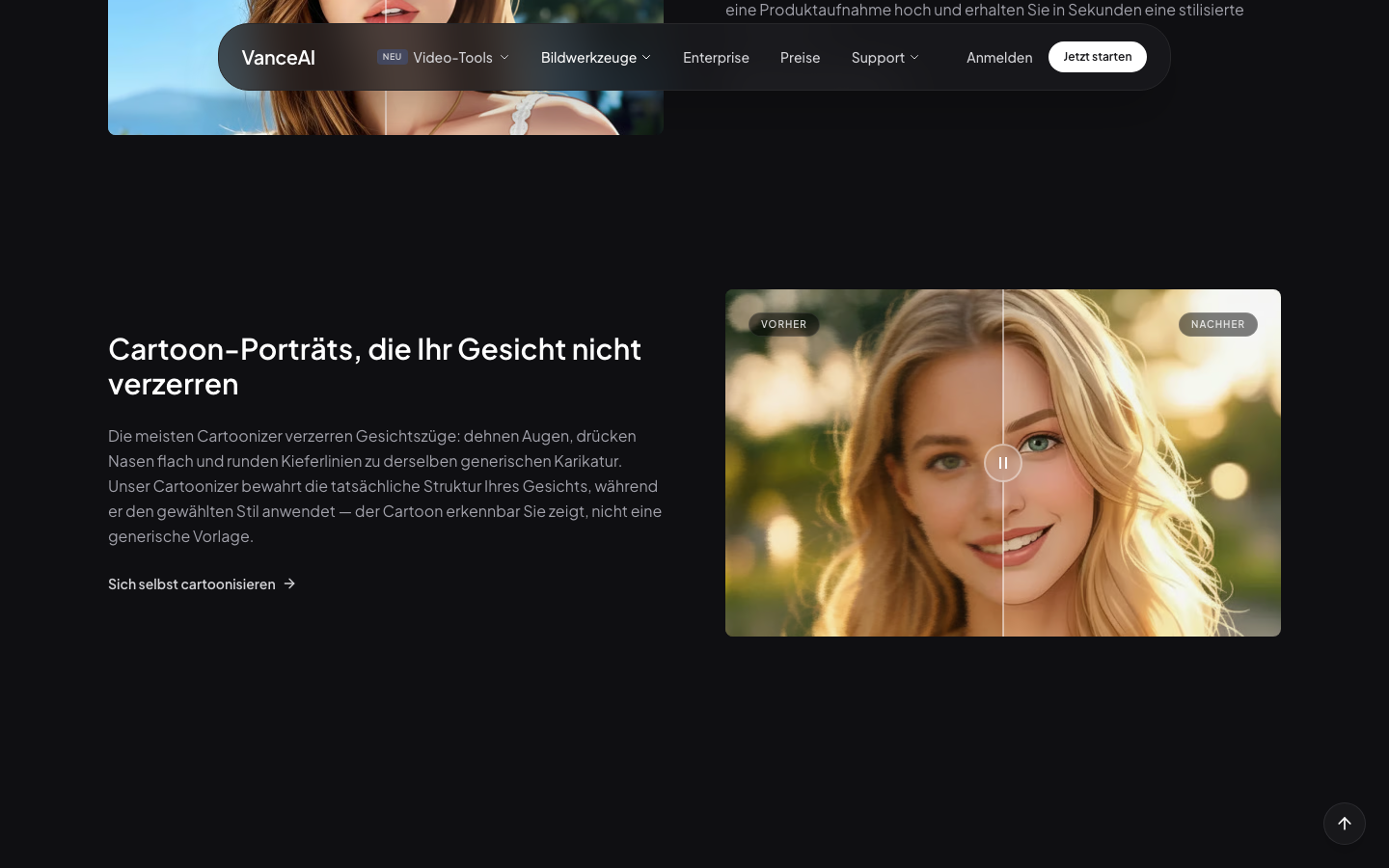 VanceAI Toongineer Cartoonizer Beispiele-Bereich — Browser-Screenshot 2026-06-17