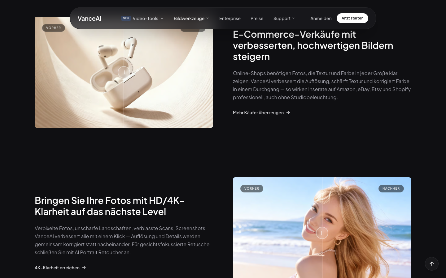 VanceAI Image Enhancer Browser-Workspace 2026-06-17 mit Real-Photo-Modell-Auswahl