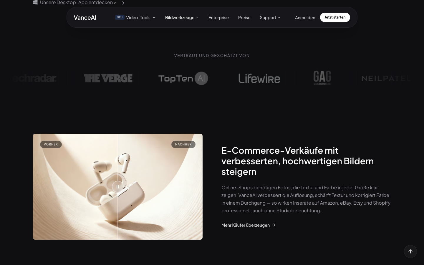 VanceAI Image Enhancer Browser-Workspace 2026-06-18 / saubere UI mit Modell-Wahl