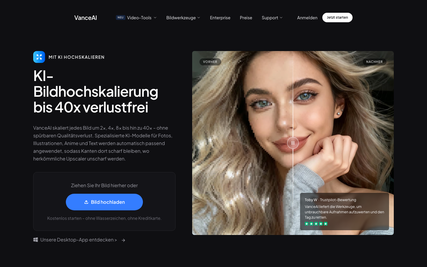 VanceAI Image Upscaler Landing-Seite — Browser-Screenshot 2026-06-17