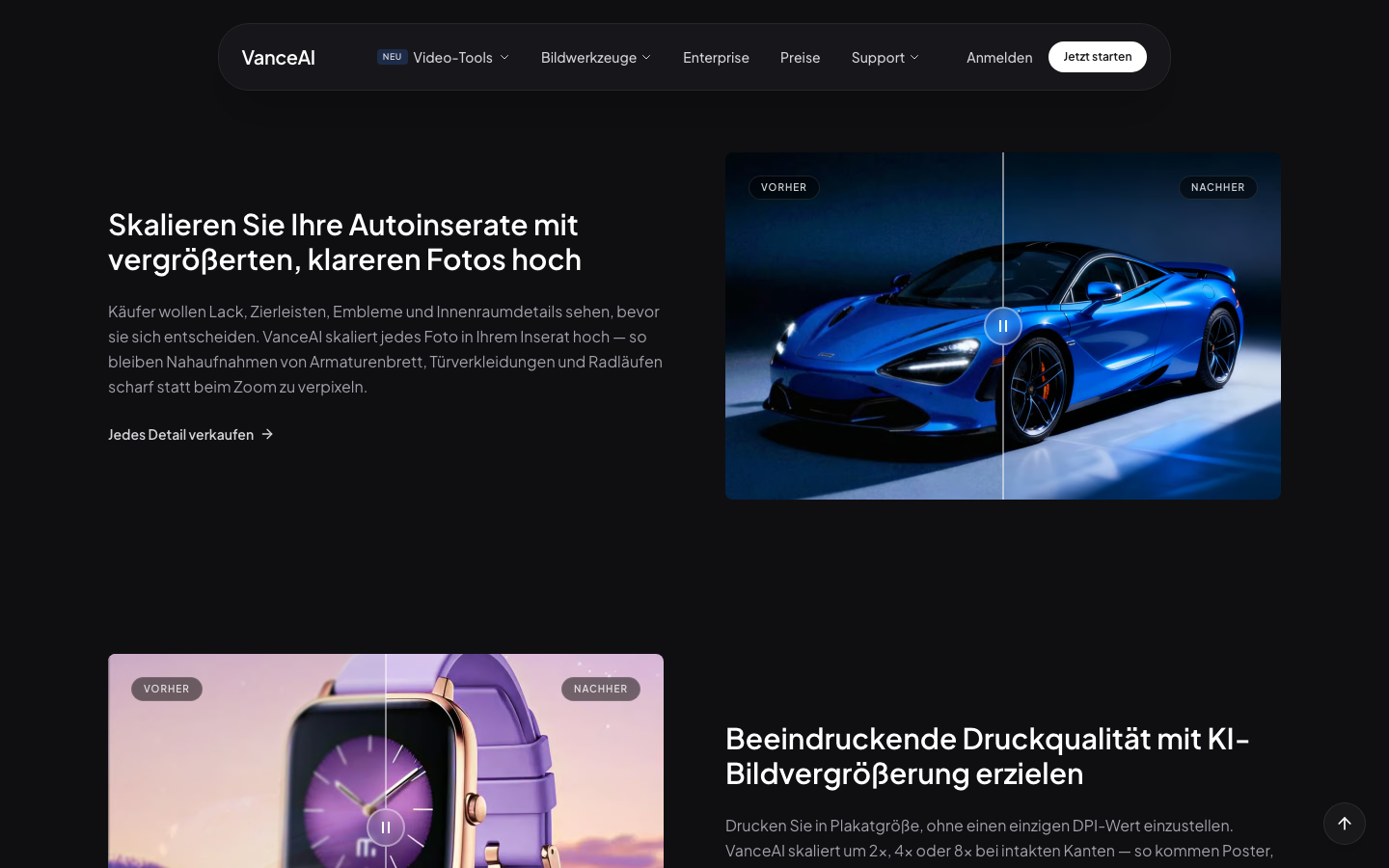 VanceAI Image Upscaler Features-Bereich — Browser-Screenshot 2026-06-17