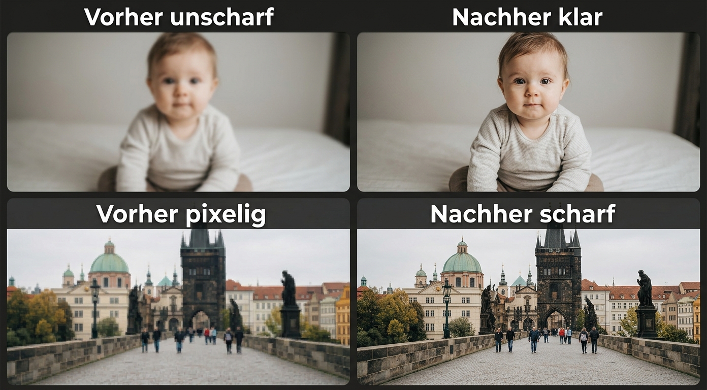 Vier-Quadranten-Vorher-Nachher-Übersicht: unscharfes Babyfoto vs. detailreiche Variante, pixelige Reiseszene vs. scharfe Variante — typische Anwendungsszenarien für KI-Videoqualität. Bildquelle: aus realem Test.