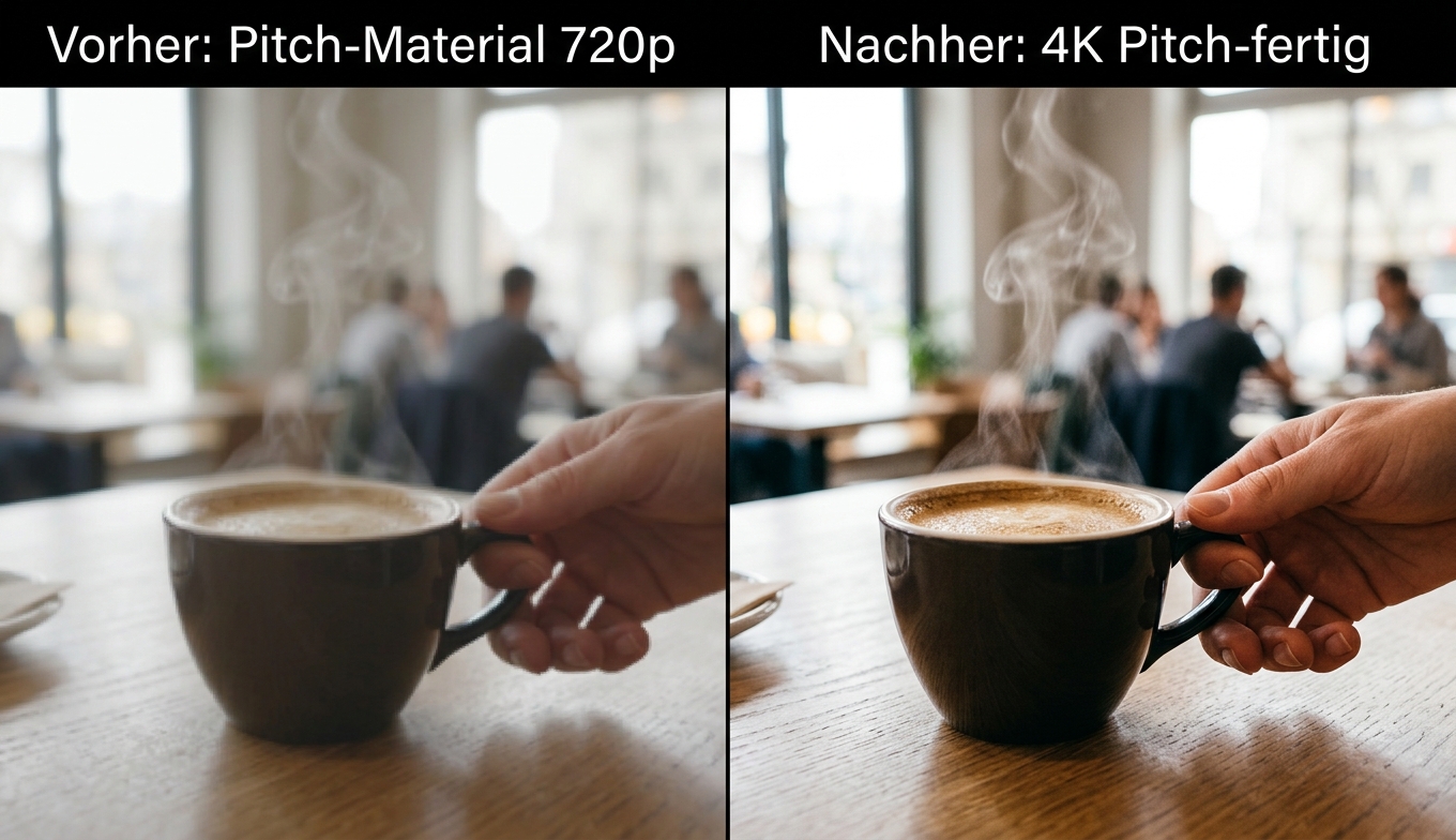 Vorher-Nachher Pitch-Material: links 720p Kaffeezubereitung, rechts 4K Pitch-fertig. Bildquelle: aus realem Test.