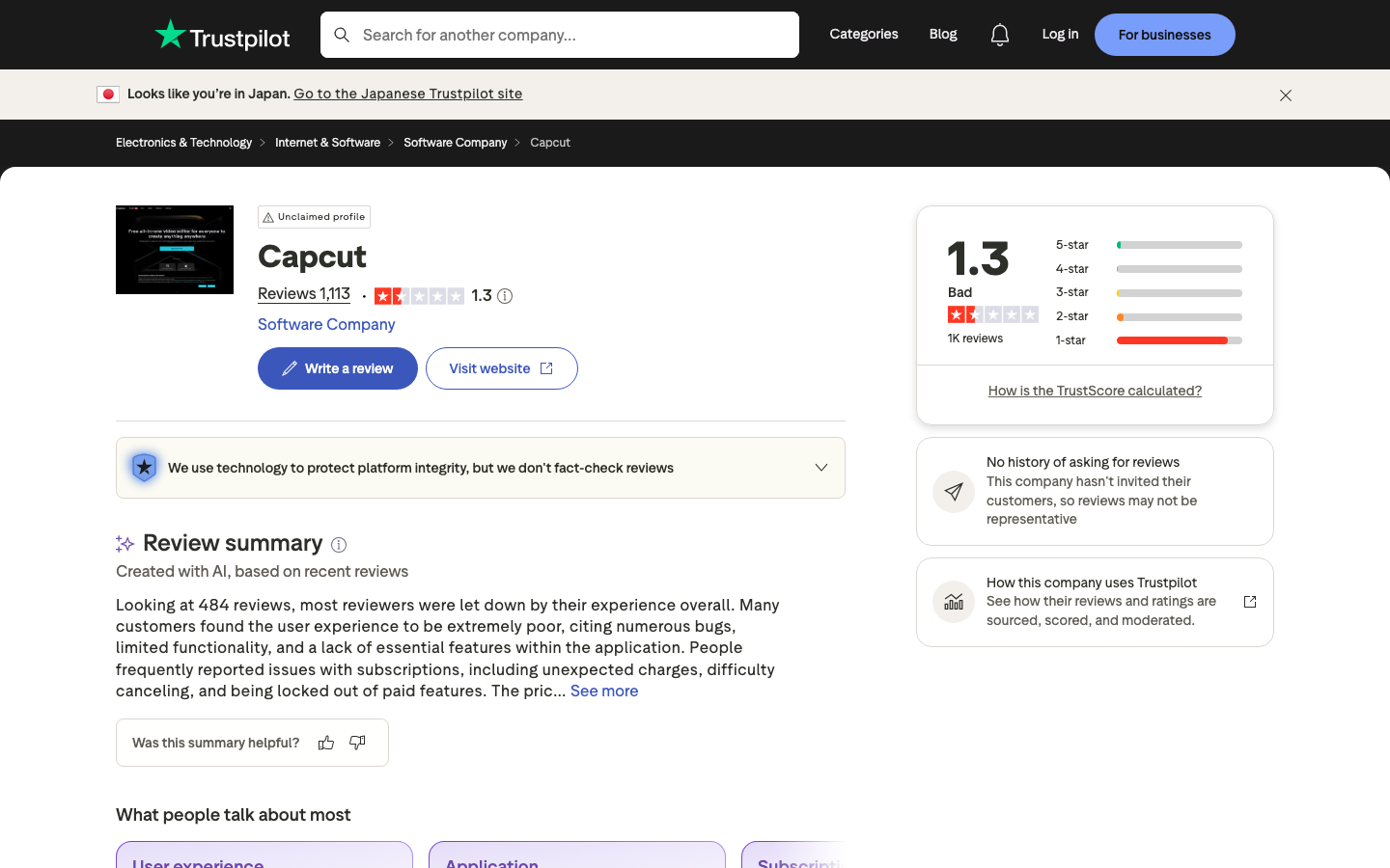 Trustpilot CapCut Bewertungs-Übersicht — Browser-Screenshot 2026-06-17