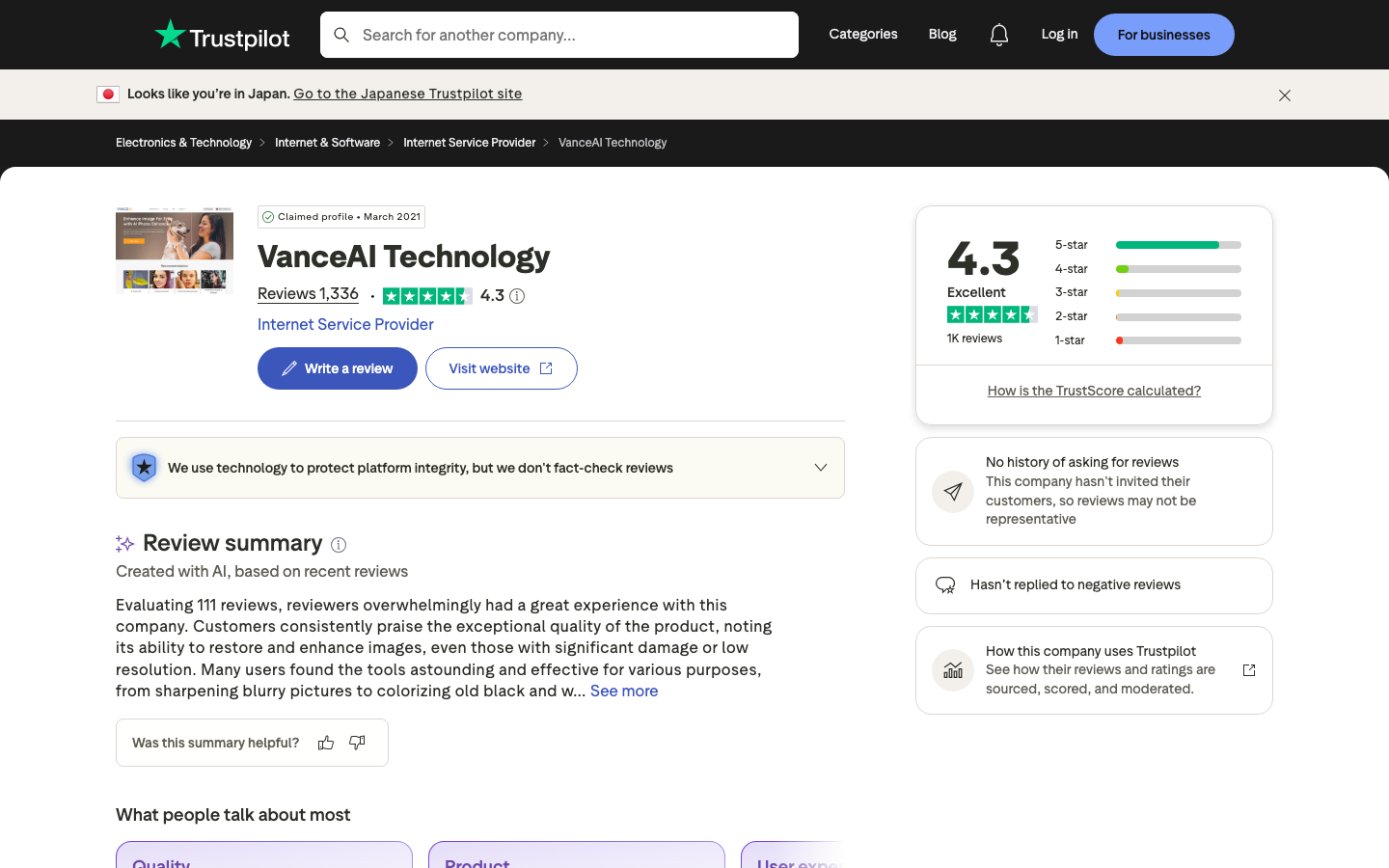 Trustpilot VanceAI Bewertungs-Übersicht 4.2/5 mit 1380 Bewertungen — Browser-Screenshot 2026-06-17