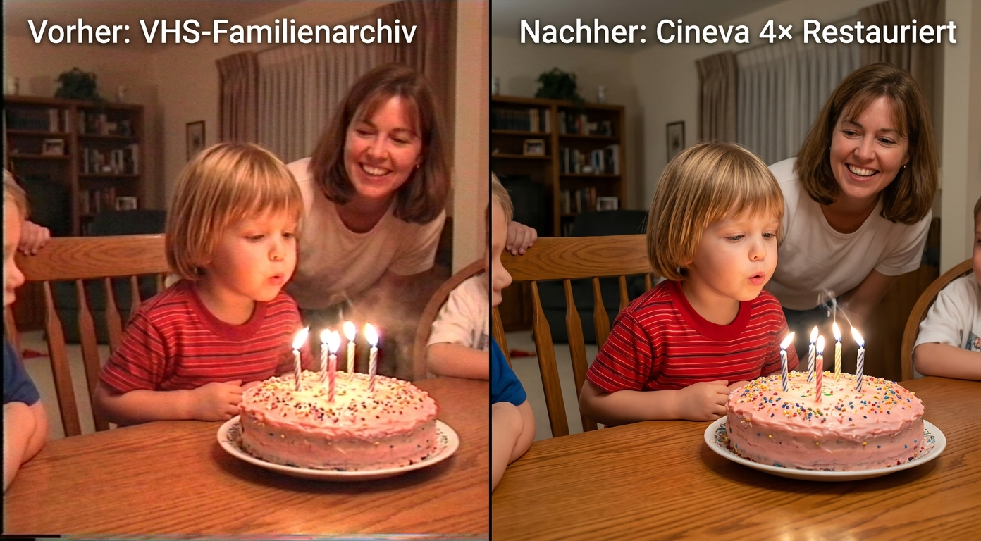 Vorher-Nachher VHS-Familienarchiv: links ausgeblichener Kindergeburtstag, rechts restaurierte Variante mit Cineva 4×. Bildquelle: aus realem Test.