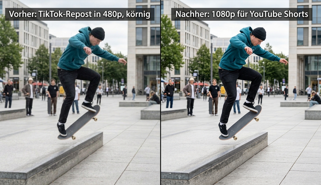 Vorher-Nachher TikTok-Repost: links 480p körnig, rechts 1080p für Shorts-Veröffentlichung. Bildquelle: aus realem Test.
