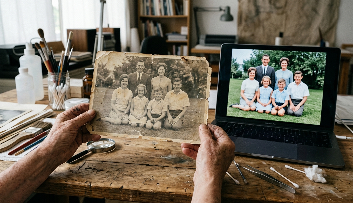 Alte Familienfotos reparieren 2026: KI-Workflow vom Album bis zum Galerie-Print