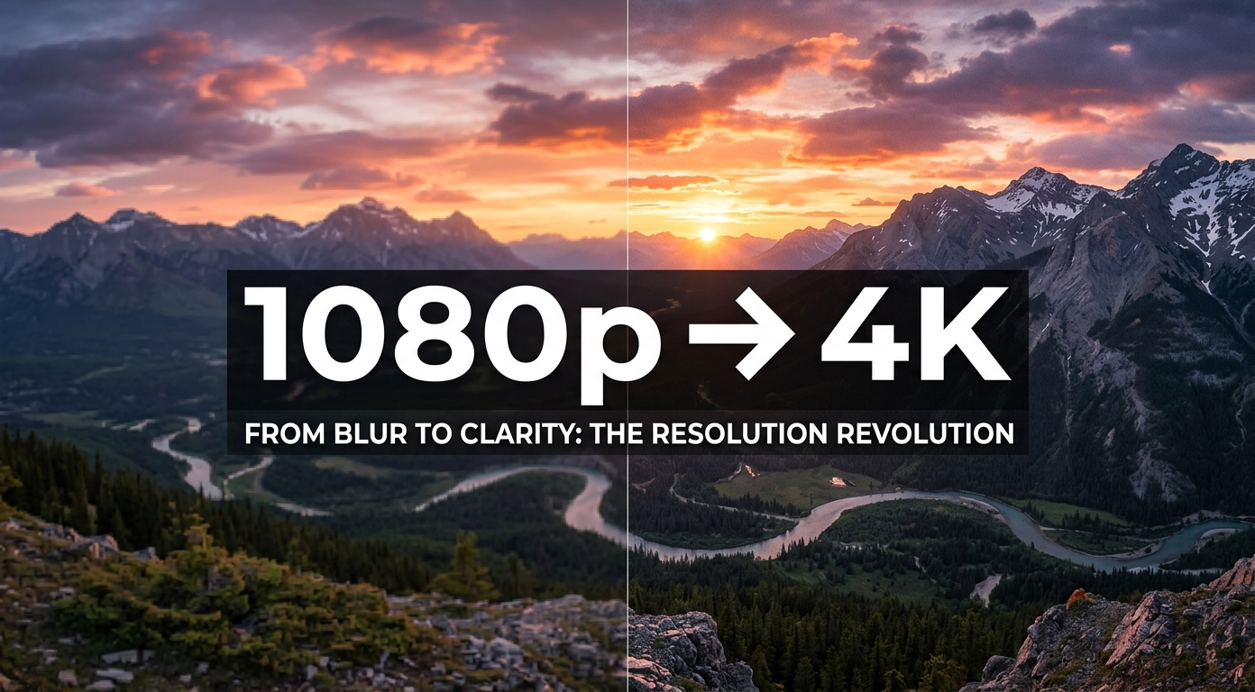 1080p zu 4K Übergangs-Hero mit Landschaftsmotiv: links 1080p mit sichtbarer Weichheit, rechts 4K mit messerscharfen Bergdetails. Bildquelle: aus realem Test.