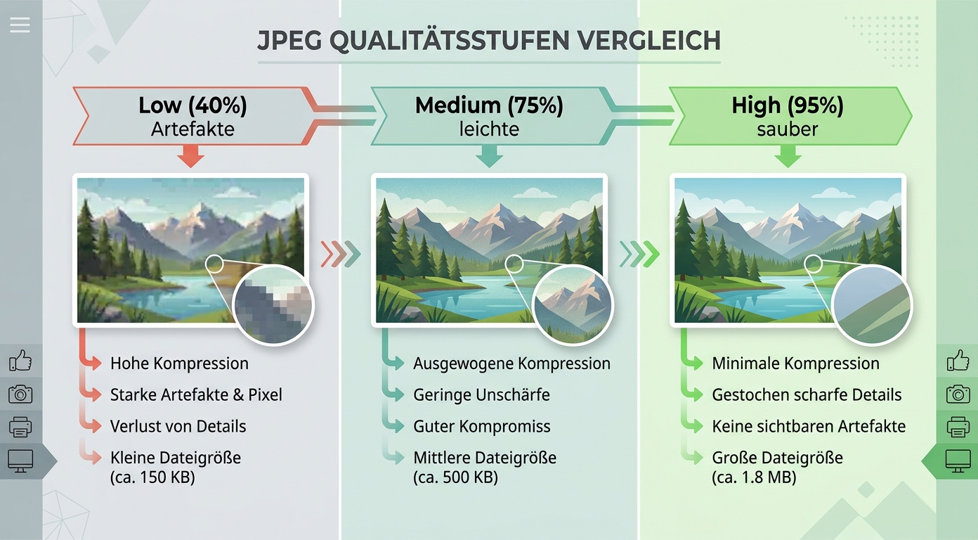 Konzept-Infografik: 4 JPEG-Schäden — Blockartefakte / Banding / Mosquito / Chroma-Subsampling
