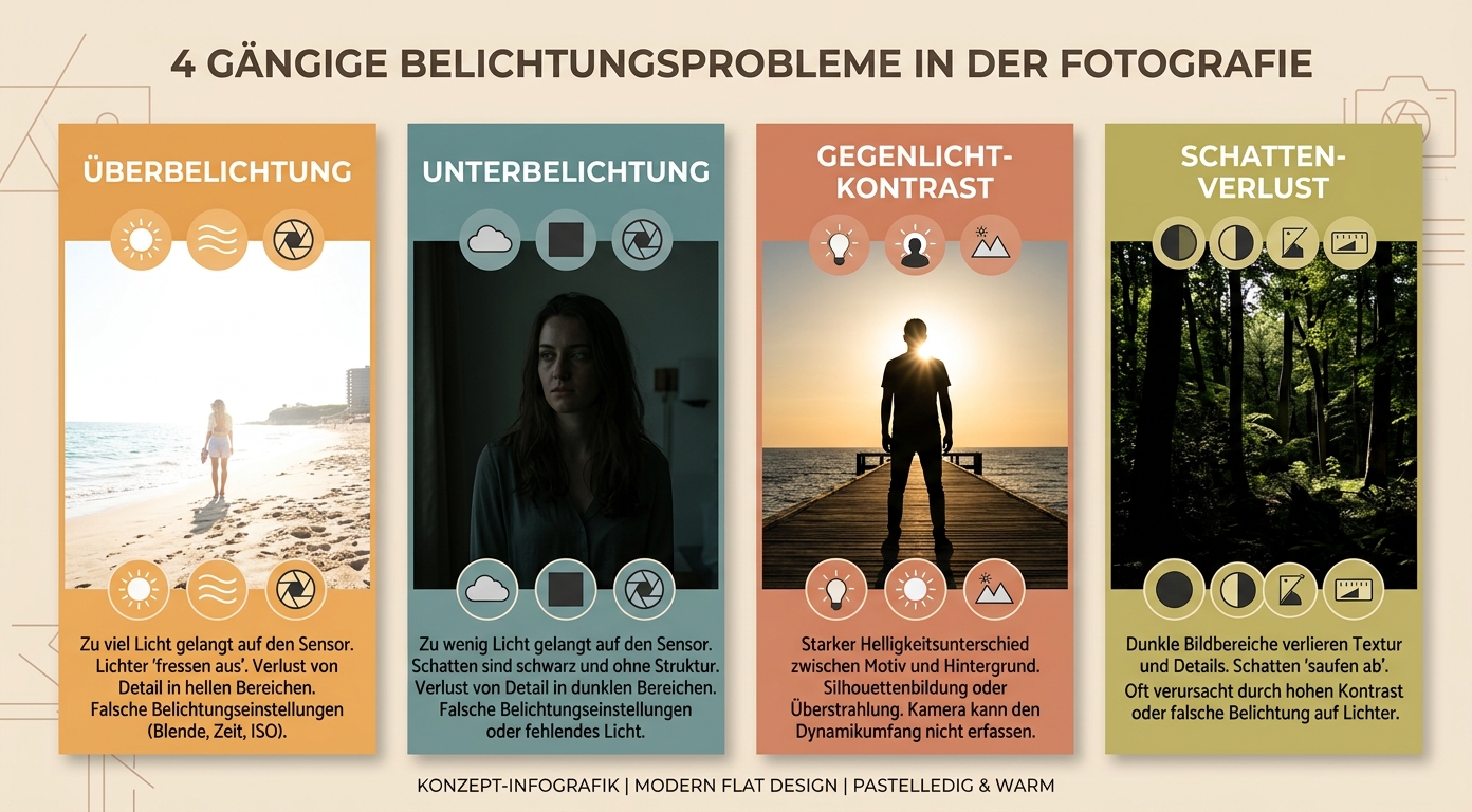 Konzept-Infografik: 4 Belichtungs-Fehler-Typen +2 EV / +1 EV / -1 EV / -2 EV mit Histogramm-Beulen