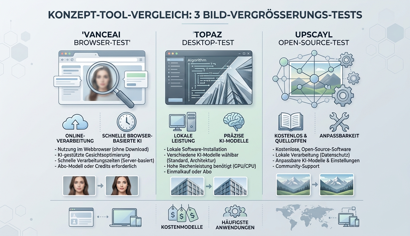 Konzept-Infografik: 6 Tools im Foto vergrößern online Test