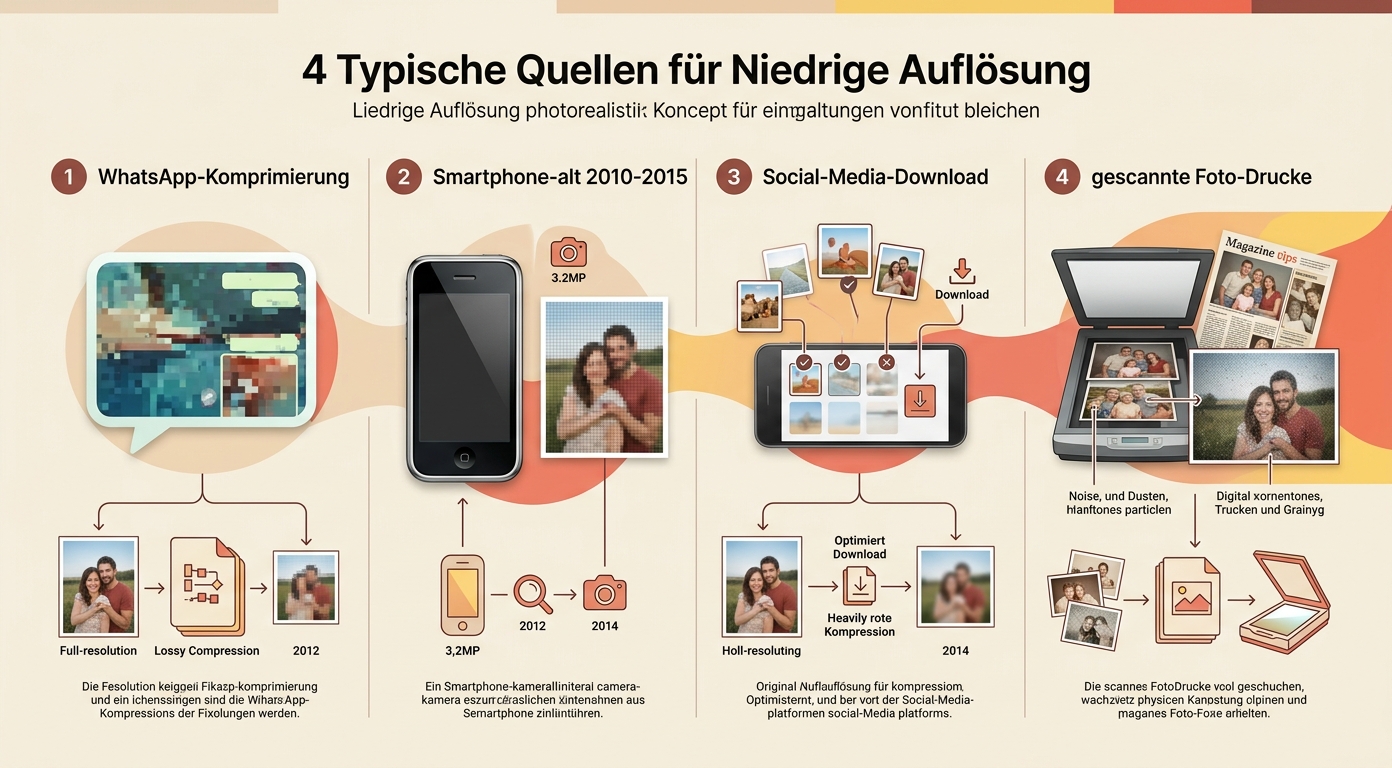 Konzept-Infografik: 4 Auflösungs-Klassen für niedrige Auflösung — < 400px / 400-800px / 800-1200px / > 1200px