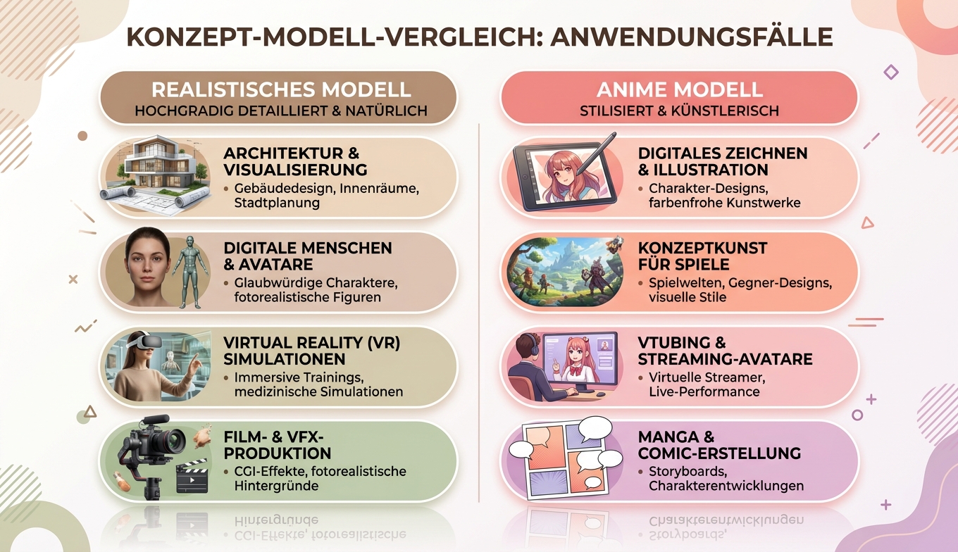 Konzept-Infografik: 5 Bild-Typen Realistic vs Anime KI-Modell-Wahl