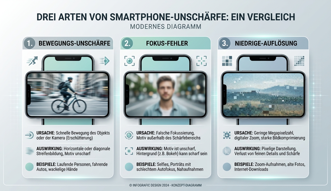 Konzept-Infografik: 3 Smartphone-Unschärfe-Typen Bewegung Fokus Niedrige-Auflösung