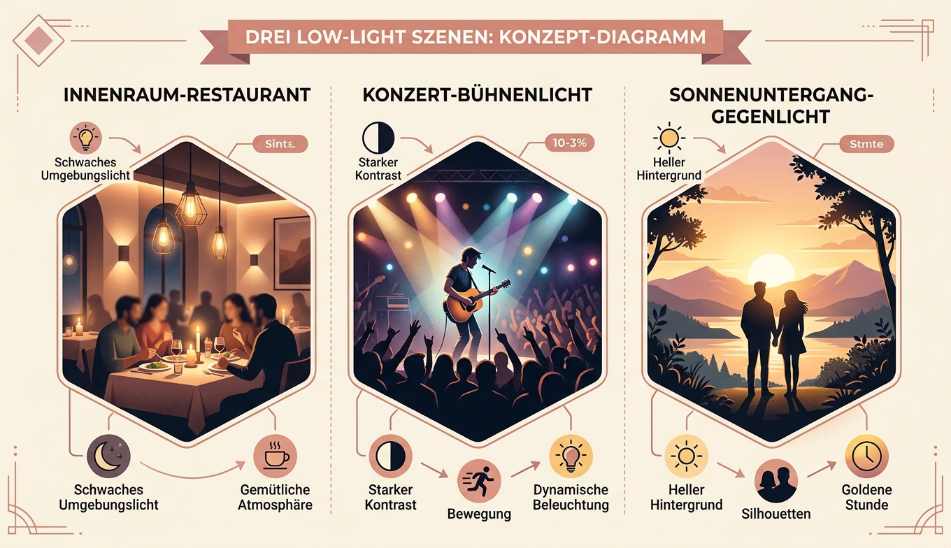 Konzept-Infografik: ISO 800 / 1600 / 3200 / 6400+ Charakteristik