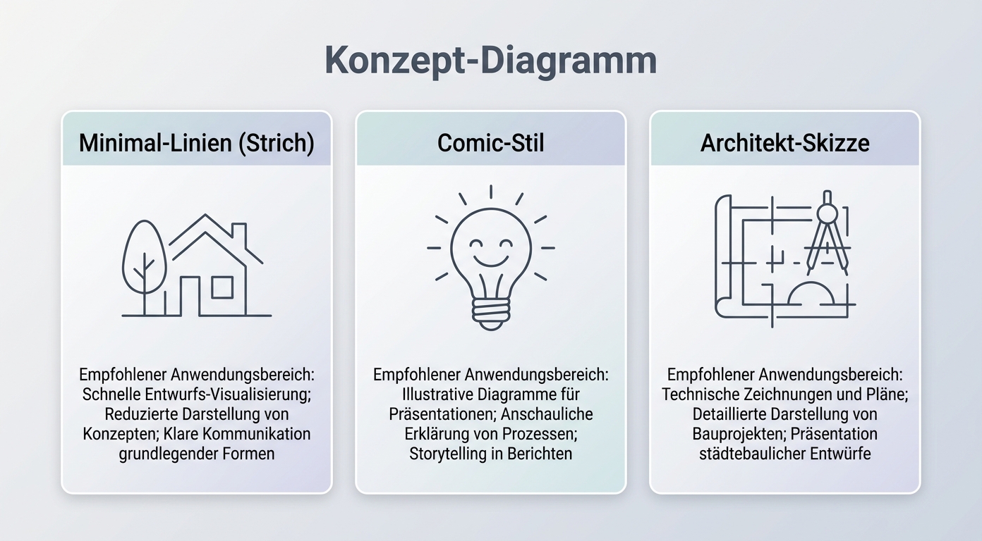 Konzept-Diagramm: 3 Strich-Stile Minimal / Comic / Architekt