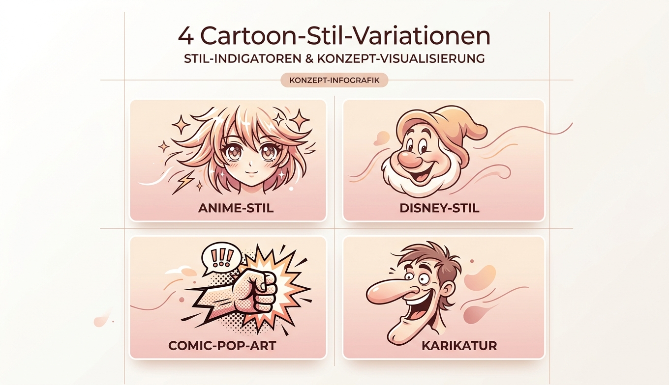 Konzept-Infografik: 4 Cartoon-Stile Anime / Disney / Comic-Pop-Art / Karikatur