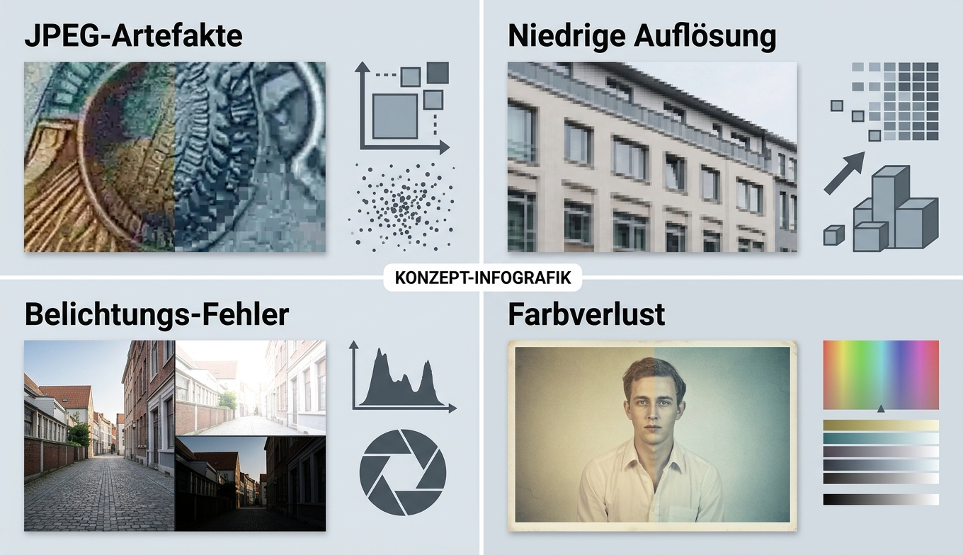 Konzept-Infografik: 4 Foto-Qualitäts-Probleme JPEG / Auflösung / Belichtung / Farbverlust