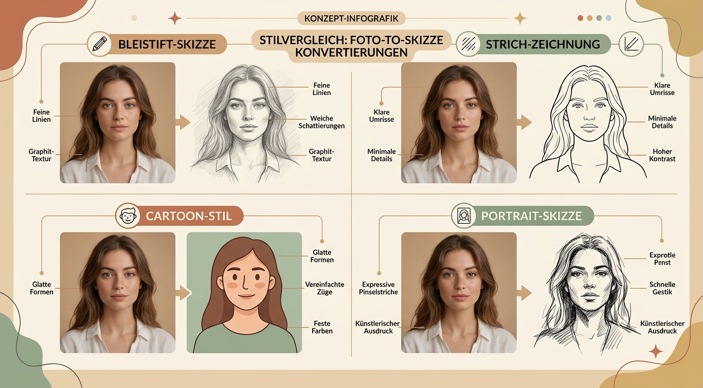 Konzept-Infografik: 4 Skizzen-Stile Bleistift / Strich / Cartoon / Portrait