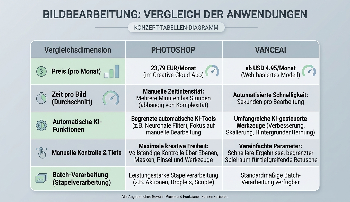 Konzept-Tabellen-Diagramm: 5 Dimensionen Preis / Zeit / KI / Kontrolle / Batch