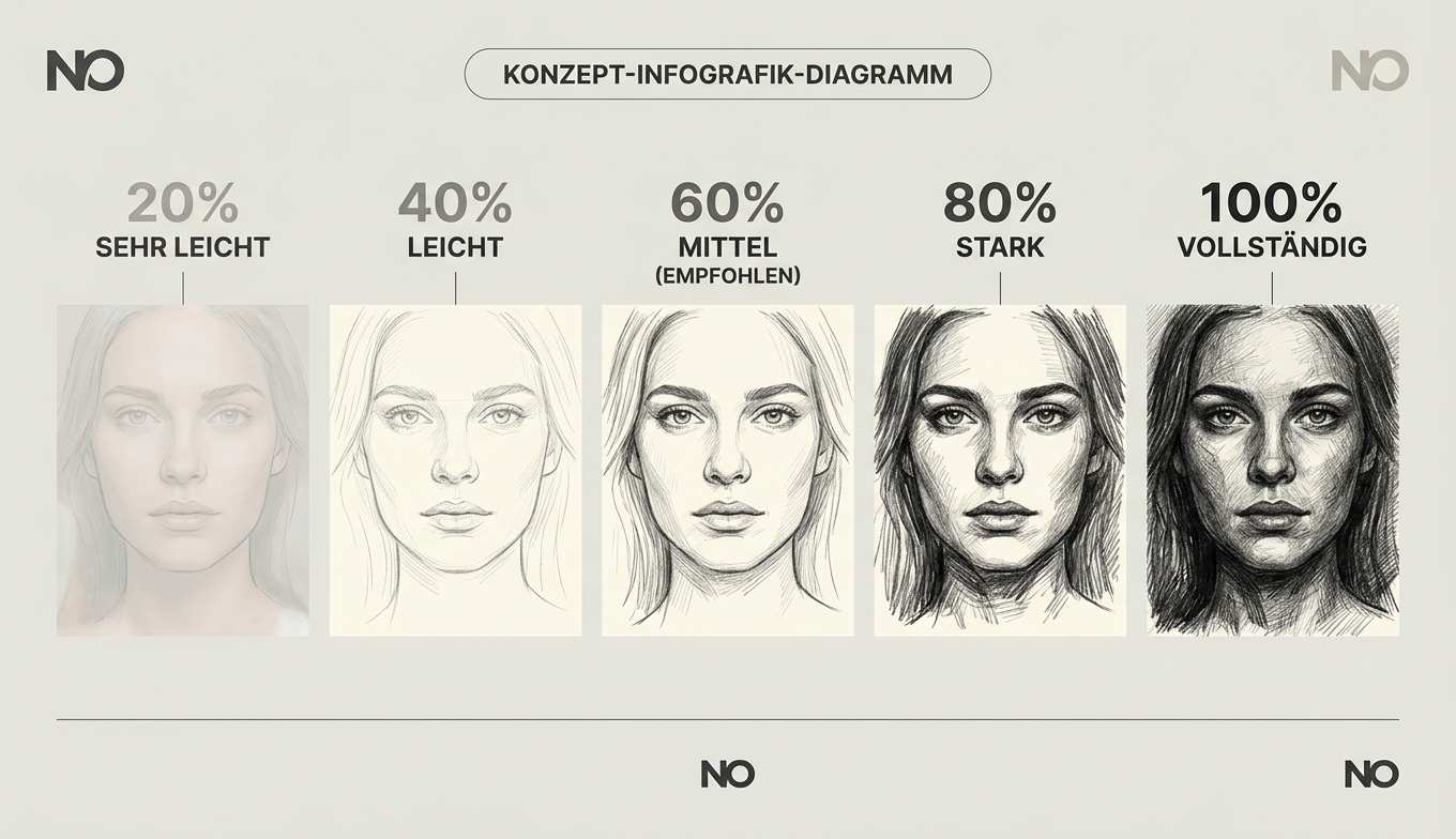 Konzept-Infografik: 5 Bleistift-Stärken 20% / 40% / 60% / 80% / 100% mit empfohlener Stufe