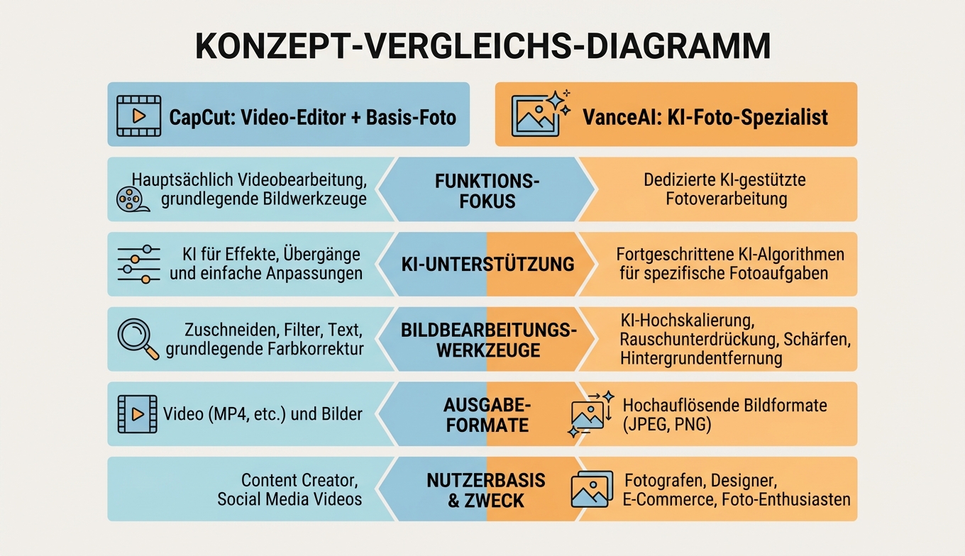 Konzept-Vergleichs-Diagramm: CapCut Video-Editor vs VanceAI KI-Foto