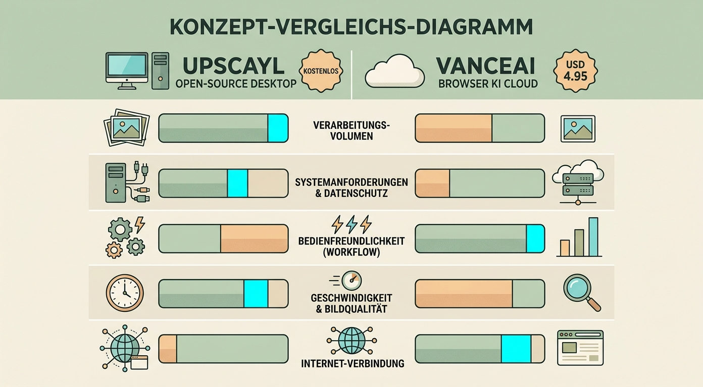 Konzept-Vergleichs-Diagramm: Upscayl Desktop Open-Source vs VanceAI Cloud Browser