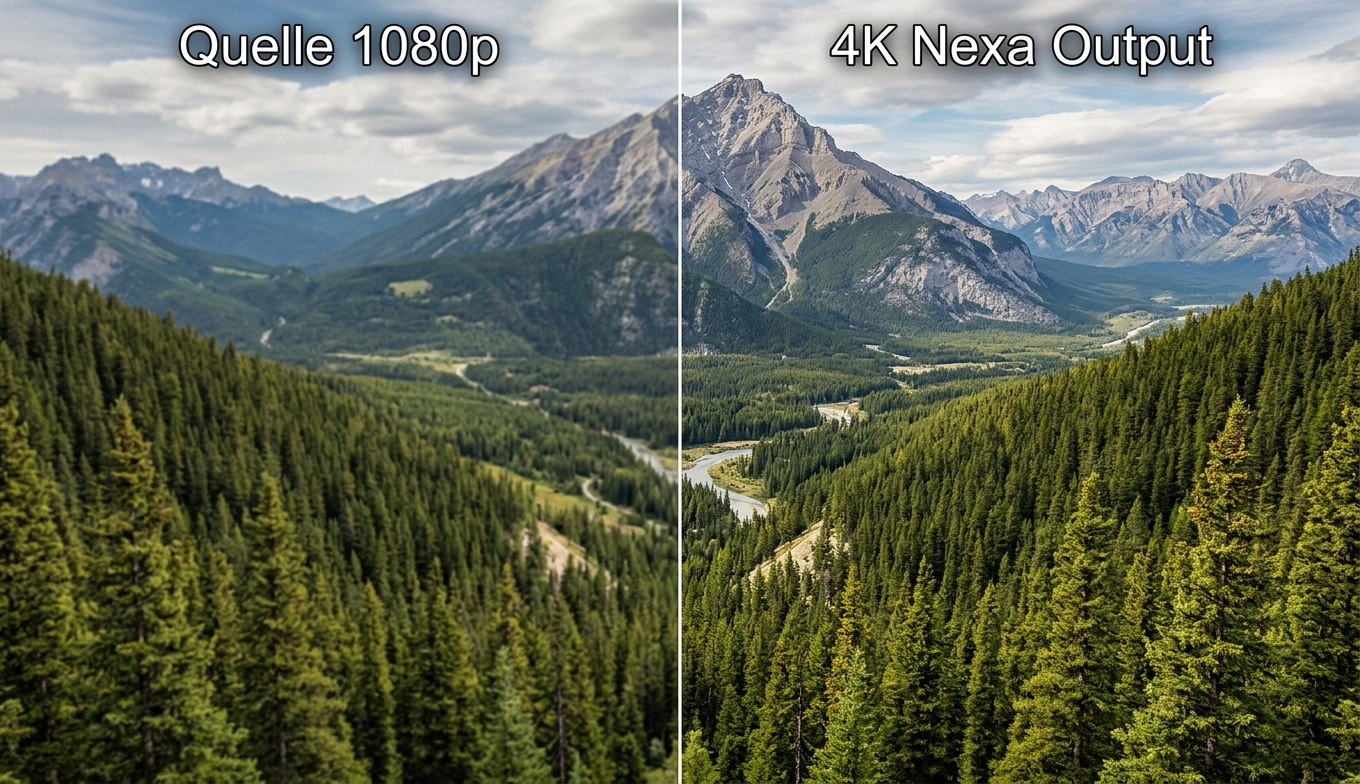 Vorher-Nachher 1080p auf 4K Bergpanorama: links weicher, rechts mit erkennbarer Pixelschärfe der Pinien. Bildquelle: aus realem Test.