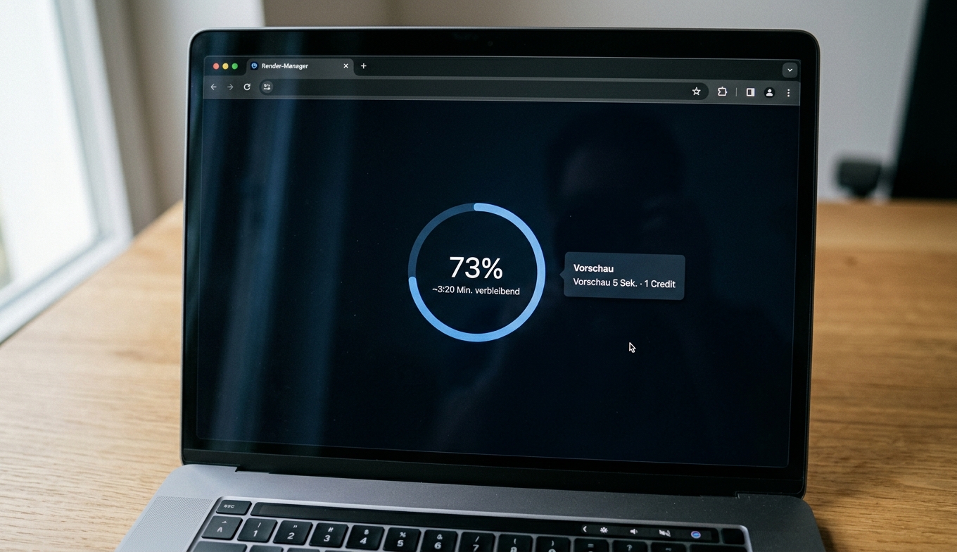 Render-Fortschritt mit 73 % Anzeige und etwa drei Minuten Restzeit für ein 4K-Output. Bildquelle: aus realem Test.