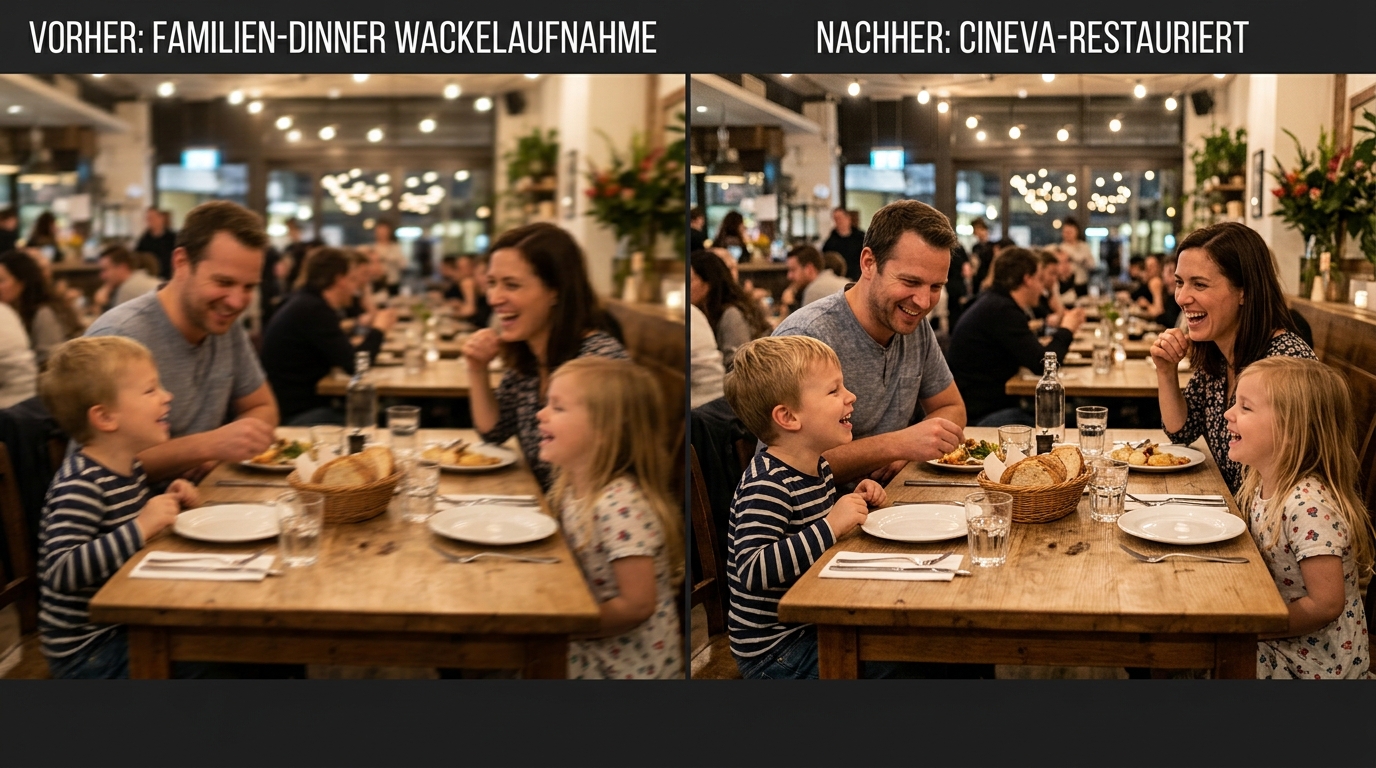 Vorher-Nachher Familien-Dinner Indoor: links Wackel-Aufnahme, rechts geglättet und scharf. Bildquelle: aus realem Test.