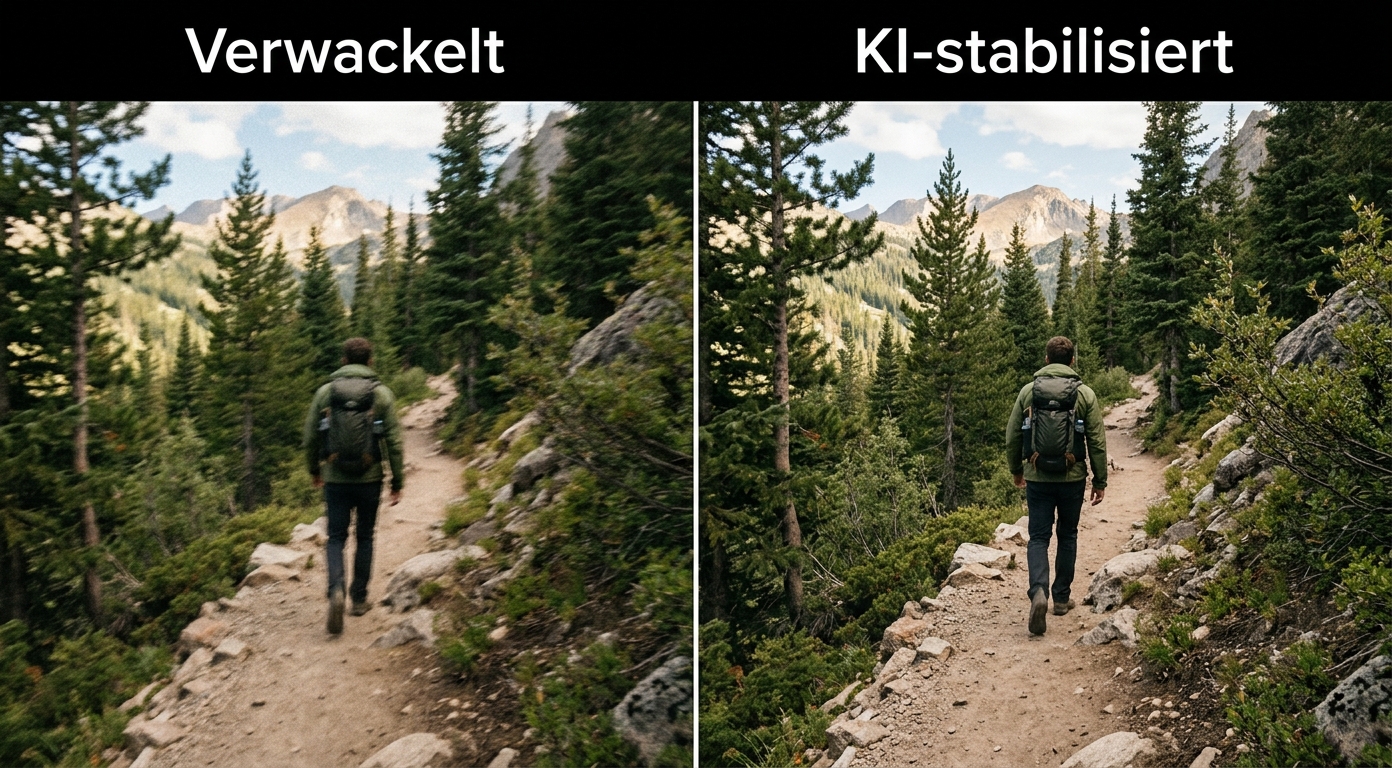 Vorher-Nachher Hero: links handheld wackelig im Outdoor-Trail, rechts smooth wie gimbal-stabilisiert. Bildquelle: aus realem Test.