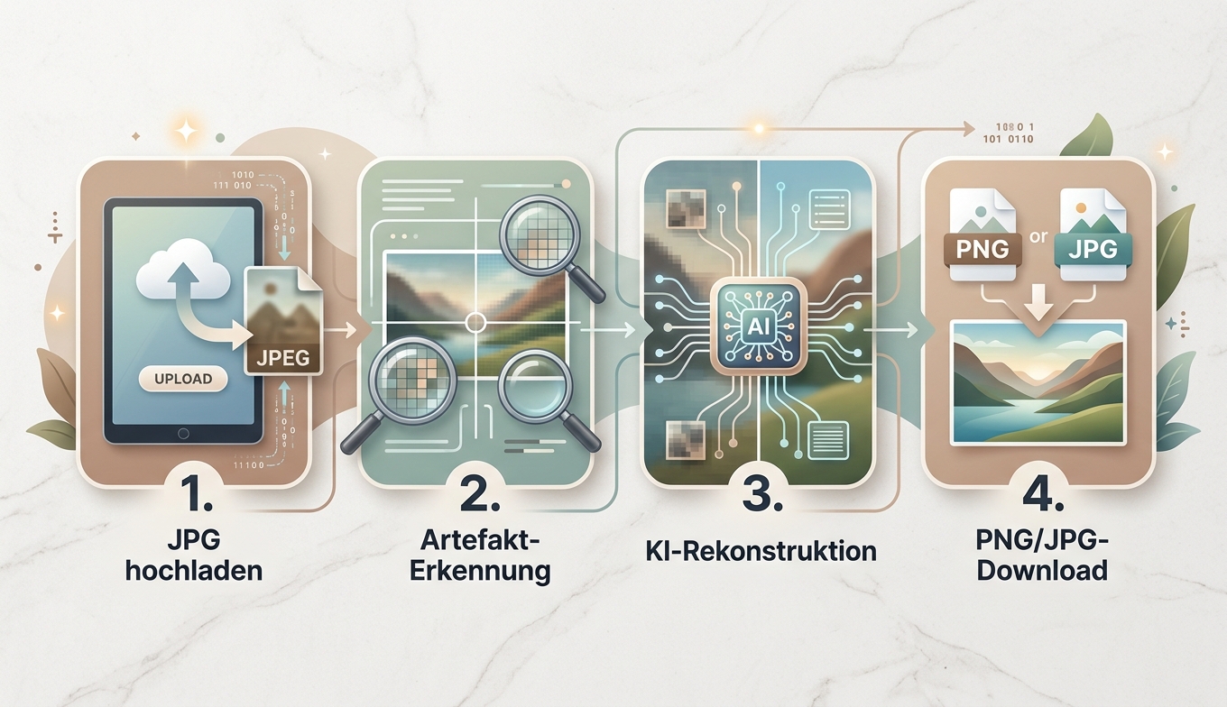 Konzept-Workflow: 5 Schritte JPEG-Analyse → Modell-Wahl → KI → Stärke-Tuning → Download
