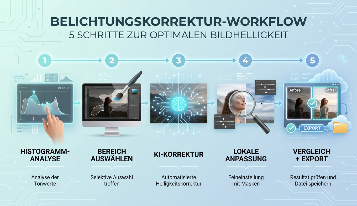 Konzept-Workflow: 5 Schritte EV-Diagnose → Tool-Wahl → KI → Histogramm-Check → Download