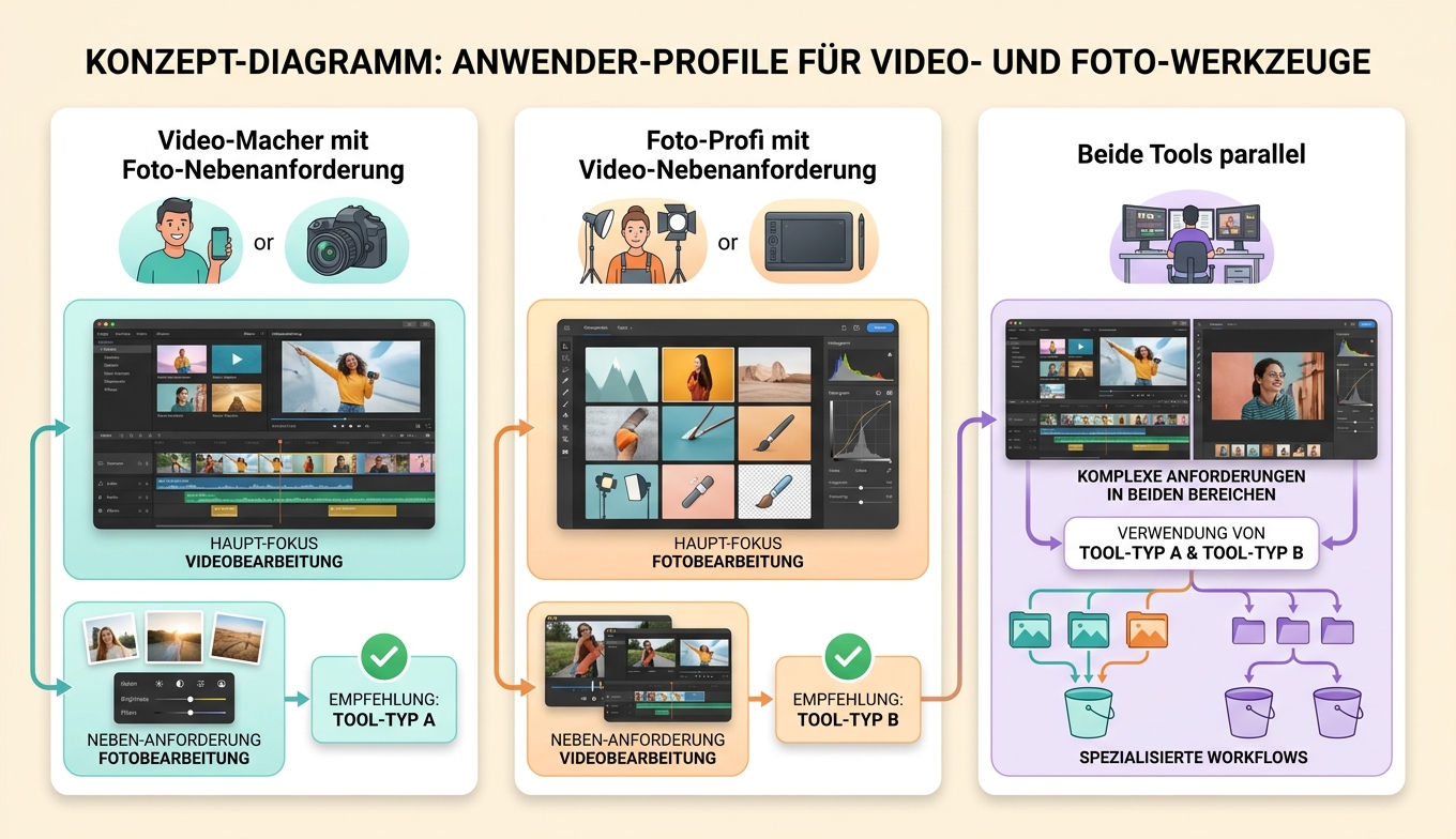 Konzept-Diagramm: 3 Anwendertypen Video-Macher / Foto-Profi / Beide parallel