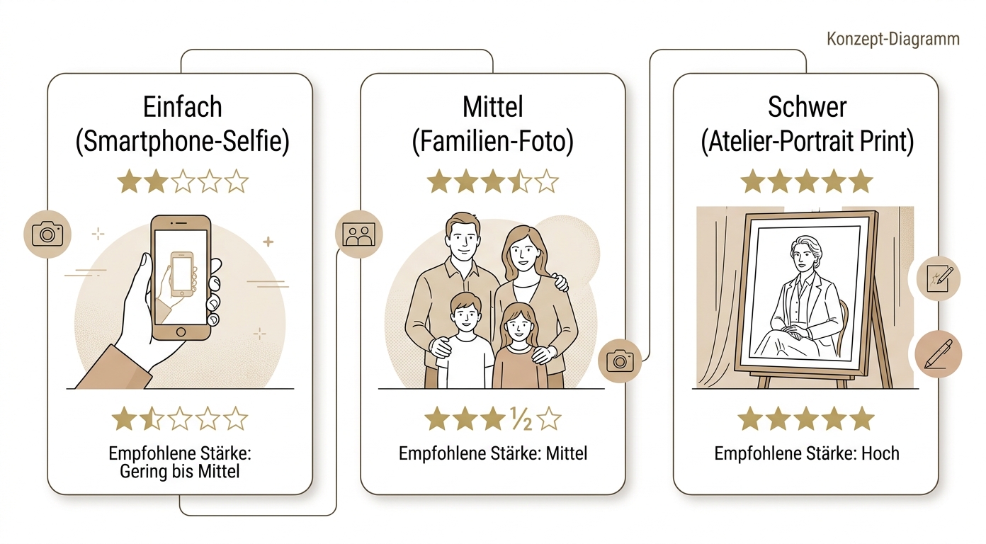 Konzept-Diagramm: 3 Schwierigkeiten Smartphone-Selfie / Familien-Foto / Atelier-Portrait