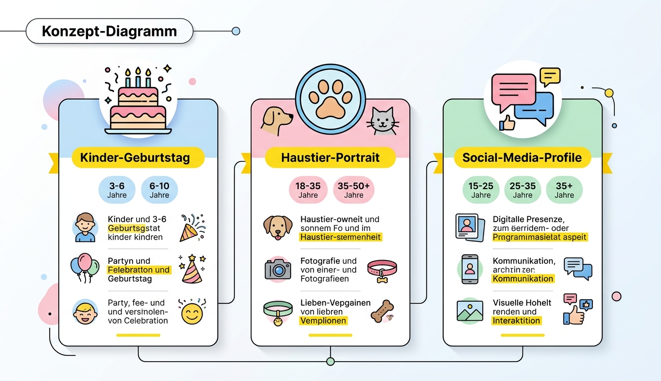 Konzept-Diagramm: 3 Zielgruppen Kinder / Haustier / Social Media