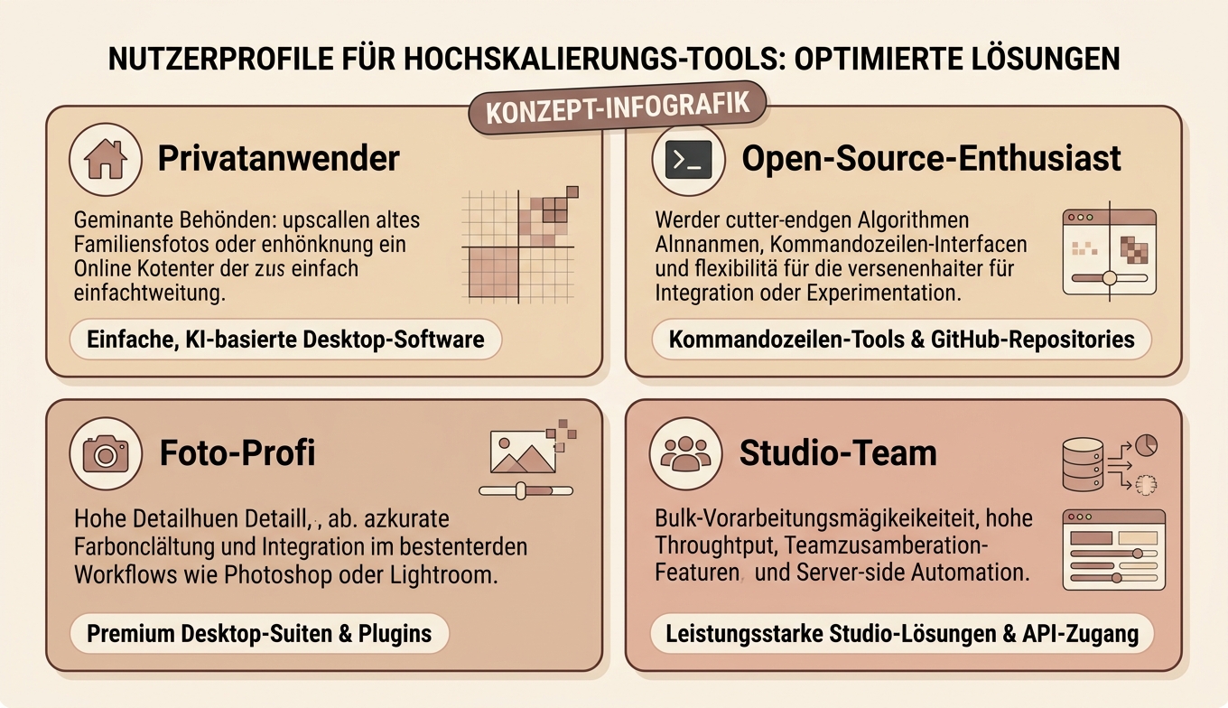 Konzept-Infografik: 4 Anwender Privatanwender / Open-Source-Fan / Foto-Profi / Studio