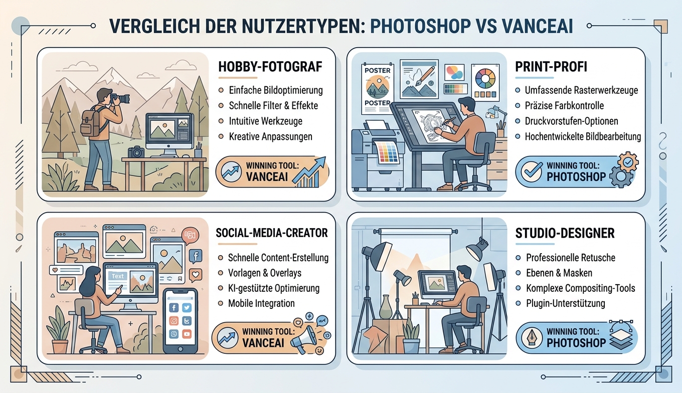Konzept-Diagramm: 4 Anwendertypen Hobby / Print / Social / Studio
