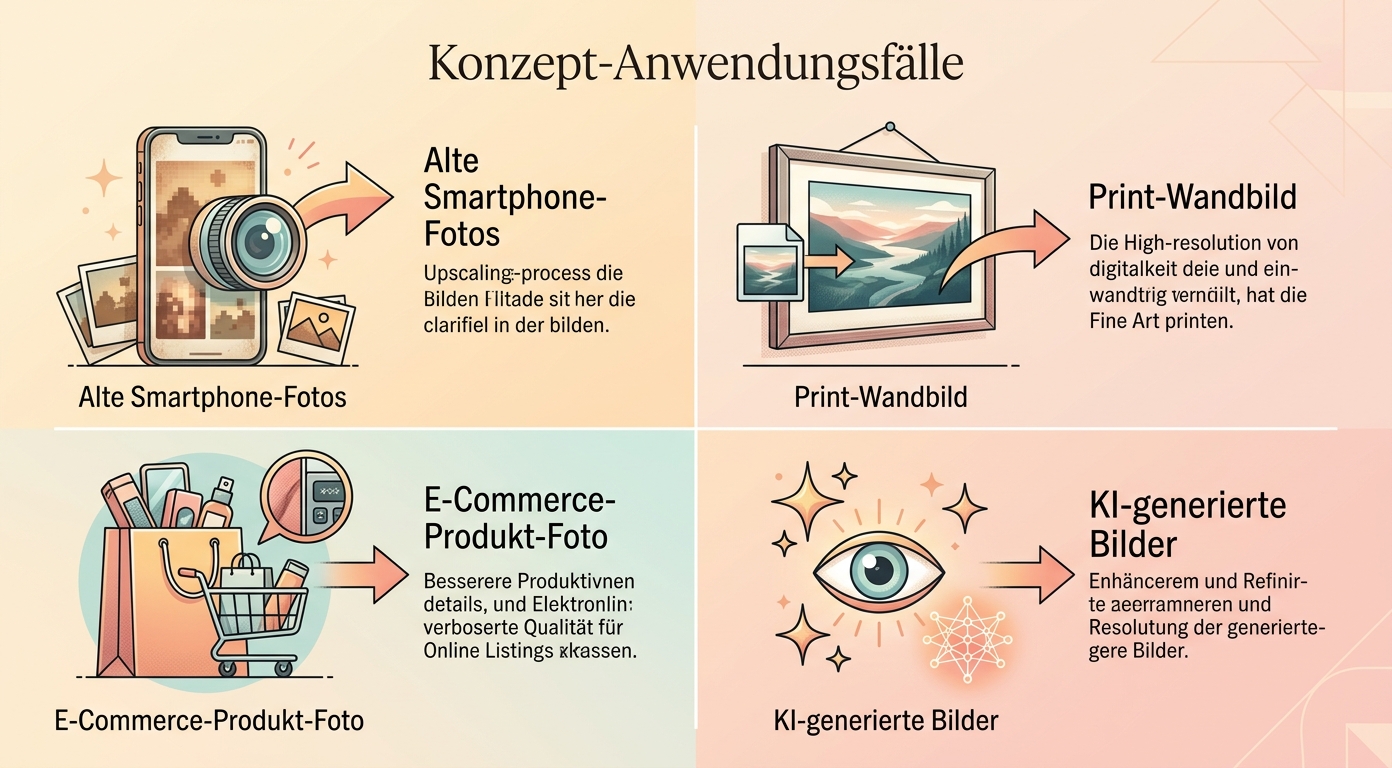 Konzept-Diagramm: 4 Anwendungsfälle Smartphone / Print / E-Commerce / KI-Bilder