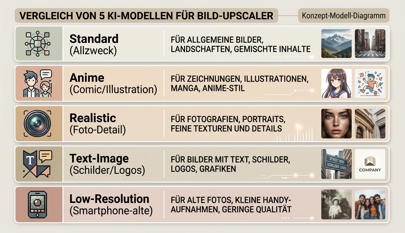 Konzept-Modell-Diagramm: 5 KI-Modelle Standard / Anime / Realistic / Text / Low-Res