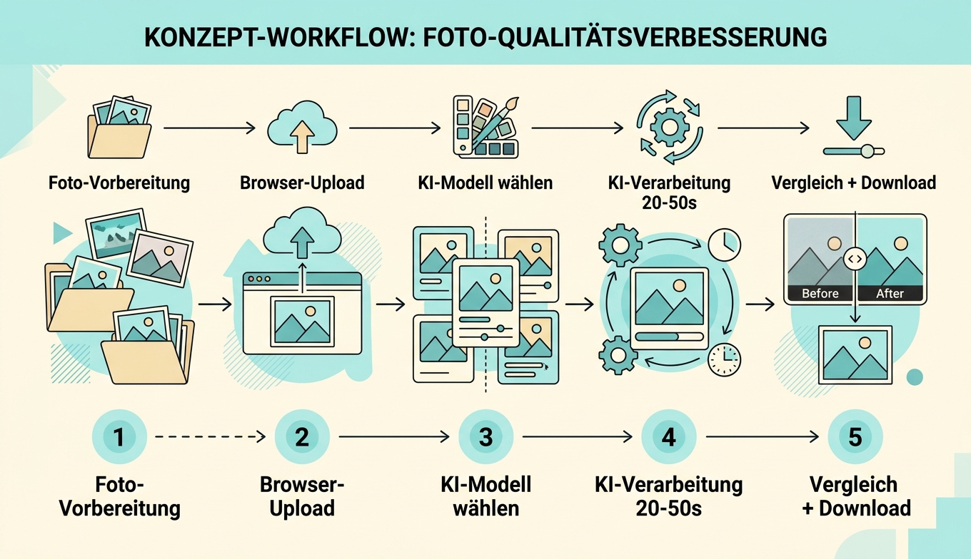 Konzept-Diagramm: 5 Stufen Foto-Vorbereitung / Upload / Modell / KI / Download