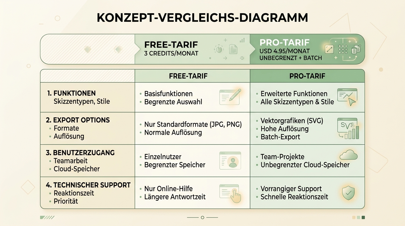 Konzept-Vergleichs-Diagramm: Free vs Pro VanceAI mit 4 Dimensionen
