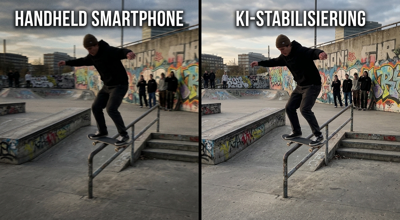 Vorher-Nachher Skateboard-Reel: links action-cam mit Wackler, rechts geglättet aber Detail-Schärfe erhalten. Bildquelle: aus realem Test.